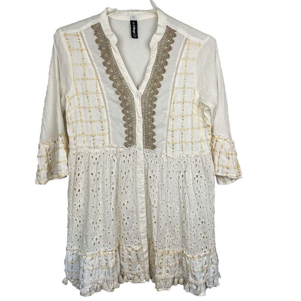Anthropologie Me 2 Magic Tiered Dress Size L Ivory Eyelet Sheer Cottagecore Boho